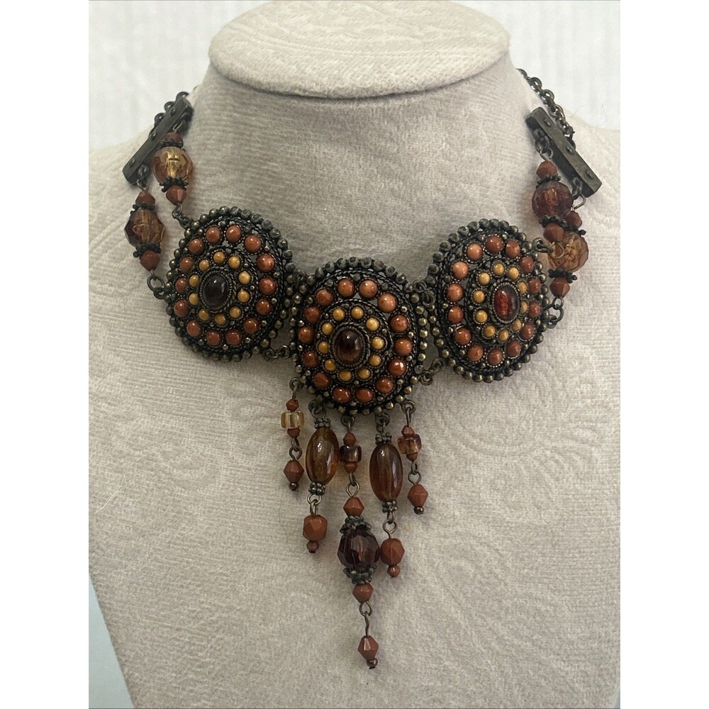 ornate statement Choker necklace W Three Circular Medallions Brown Stones